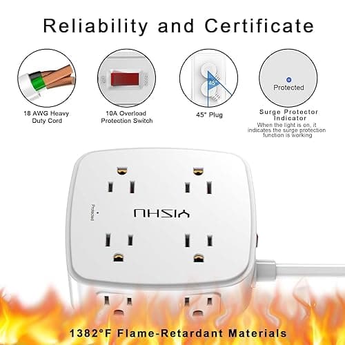 6 Ft Surge Protector Power Strip - 8 Widely Outlets with 4 USB Ports, 3 Side Outlet Extender with 6 Feet Extension Cord, Flat Plug, Wall Mount, Desk USB Charging Station, ETL,White thumbnail 7