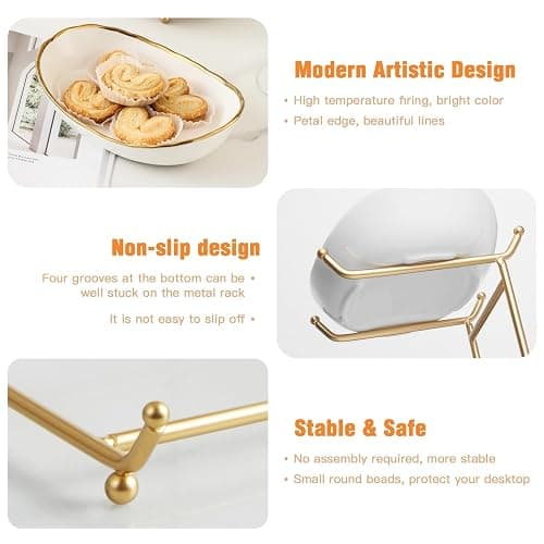 HOMKULA Ceramic Fruit Bowl for Kitchen Counter - 3 Tier Fruit Basket with Metal Stand, Tiered Fruit Stand for Countertop, Snack, Nuts, Cake, Dessert, Small & Cute (Gold-rimmed) thumbnail 5