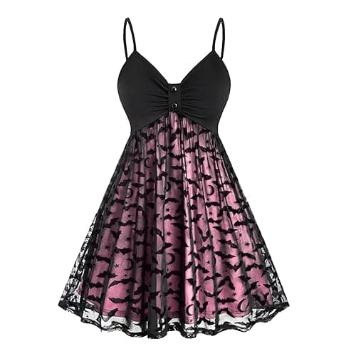 Sling Dresses for Women's Plue Size Gothic Vintage Swing Dress Halloween Lace Bat Print Festival Party Gown Dress - Large - Pink