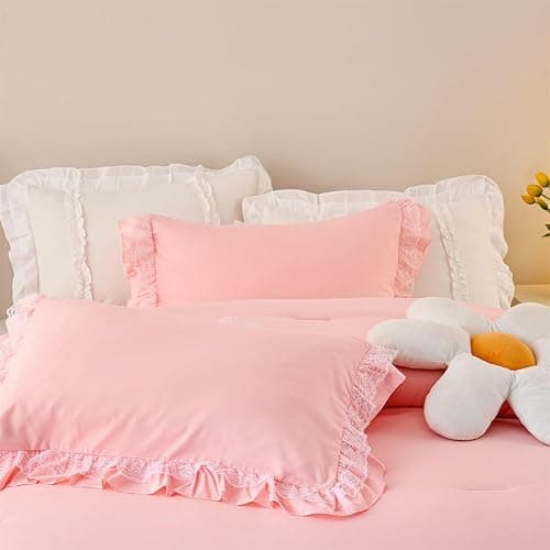 MOOWOO Chic Ruffle Lace Comforter Set -Girl Pink Bedding-2 Piece Twin Bed Quilt -Aesthetic Bedding,Ultra Soft and Durable,Fluffy Bed Comforter Sets for All Season thumbnail 3