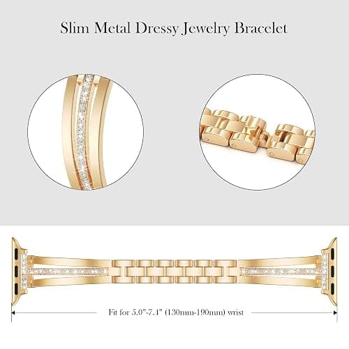 AIRSPO Slim Gold Band Compatible with Apple Watch 38mm 40mm 41mm 42mm 44mm 45mm 46mm Women Thin Metal Strap Dressy Jewelry Bracelet with Bling Diamond for iWatch Bands Series 10 9 8 7 6 5 4 3 SE thumbnail 3