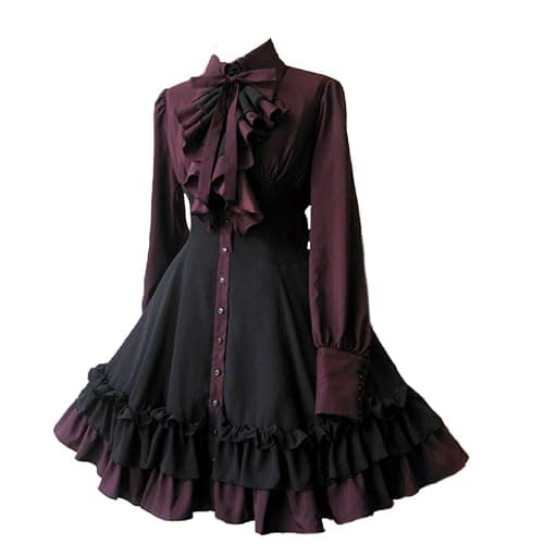 ZZEQYG Schwarzes Gothic-Kleid für Damen und Mädchen, lange Ärmel, Polyester, Rüschenkleid mit Schleifen - Image 1