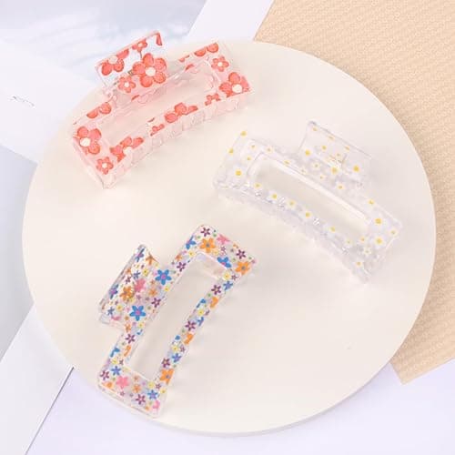 3PCS Flower Hair Claw Clips 3.3 Inch Cute Spring Rectangle Hair Clips Daisy Small Pink Flower NonSlip Hair Barrettes Strong Hold Hair Clamps Fashion Hair Accessories for Women Girls thumbnail 3