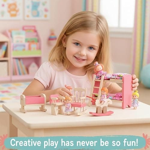 JOINPAYA Wooden Dollhouse Bedroom Furniture: Doll Bunk Bed Rocking Horse Chair, DIY 1:12 Scale Miniature Doll House Decoration Accessories for Ages 3+ Role-Playing thumbnail 5