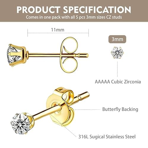 5/10 Pairs Silver Gold Stud Earrings Set, 14K Gold Plated 316L Surgical Stainless Steel Hypoallergenic Cubic Zirconia CZ Small Piercing Earring for Women Men 3 mm thumbnail 2