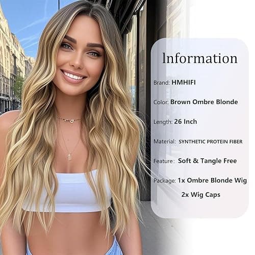 HMHIFI Blonde Wig for Women,26 Inch Long Wavy Curly Middle Part Hair | Soft face-framing layered waves,Tangle resistant,Easy-style,Adjustable,Daily wear,party,photo,Halloween costume thumbnail 2