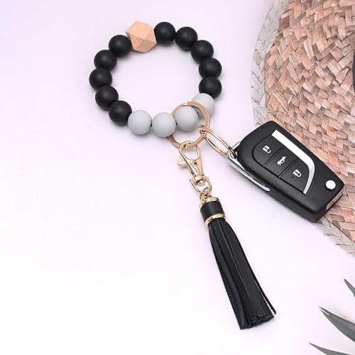 BAOSIWA Silicone Beaded Bracelet Keychain Wristlet Key Ring Bangle Chains for Women with Leather Tassel thumbnail 3