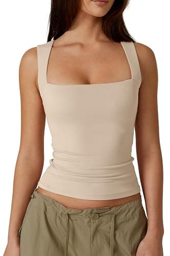 QINSEN Women's Square Neck Sleeveless Double-Layer Tank Tops Basic Tight T Shirts - Image 1