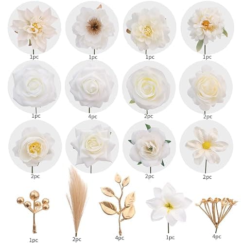 SwanMoon Artificial Flowers Combo Box Set, 33pcs Silk Roses & White Peony with Stems for DIY Wedding Bouquets, Baby Shower, Party Centerpieces & Home Decor thumbnail 6