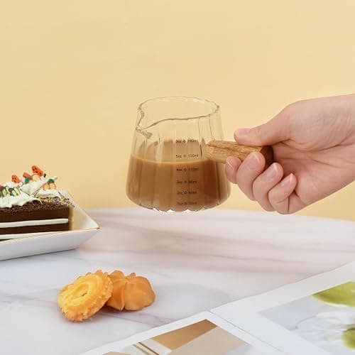 Denovin 2Pcs Glass Measuring Cup, 6oz Creamer Pitcher with Wood Handle, Creative Milk Frothing Pitcher Creamer Shot Glass (2-Transparent) thumbnail 2