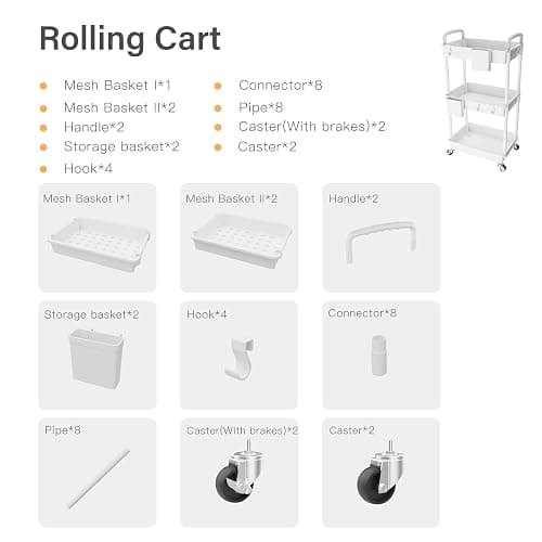3 Tier Rolling Utility Cart with Handle,REBECAT Utility Cart Made of Multifunctional Storage Organizer Tool for Kitchen,Bathroom,Living Room,Office(White) thumbnail 5