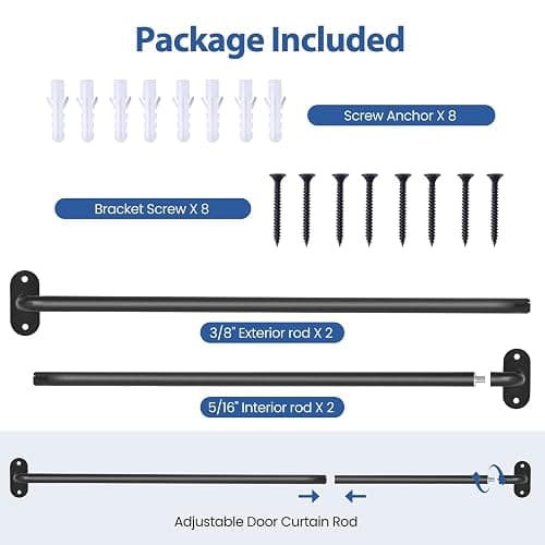 2 Pack French Door Curtain Rod, Sash Curtain Rod Adjustable 18-32in, Black | 3/8in Wrap Around Metal Cafe Curtain Rod Mount With Screws, Supports Up To 20 lb for French Doors, Windows and Sidelights thumbnail 8