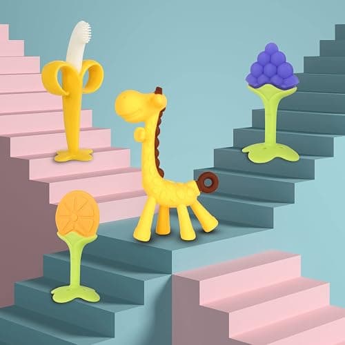 Chuya Teething Toys (4 Pack) Teething Toy for Baby, Teach Teeth Brushing ,BPA-Free,Chew Toy for Infants Toddlers Silicone Baby Teethers Giraffe Fruit Teething Stick for Babies 3 Months+ thumbnail 9