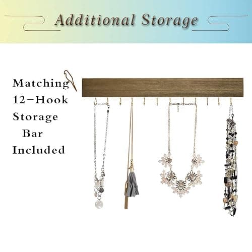 GLANT Rustic Wall Mounted Jewelry Organizer with Wooden Barndoor Decor， Wall Mount Holder,Jewelry holder for Necklaces, Earings, Bracelets，Ring Holder. Includes matching hook organizer (wood color) thumbnail 4