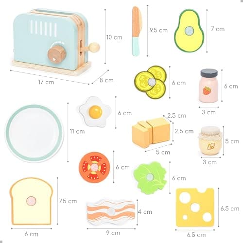 UMU® Wooden Toaster & Sandwich Set for Kids – 14-Piece Pretend Play Kitchen Toy with Real Pop-Up Toaster, Butter, Knife & Accessories – Wooden Kitchen Playset for Boys and Girls Ages 3–6 thumbnail 2