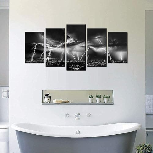Biuteawal - Black and White Wall Art Nature Lightning Strikes in The Clouds Painting on Canvas Storm and City Night View Picture Print for Home Office Living Room Decoration Wall Decor thumbnail 3