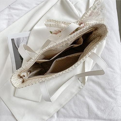 QTKJ Women Large Straw Beach Tote Bag Summer Hand-woven Bags Shoulder Bag Leather Handle Beach Handbags with Cute Lace Bow Small (White) thumbnail 4