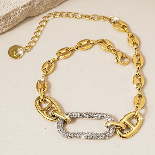 ANDKISS 18K Gold Bracelets for Women, Adjustable Waterproof Non-Tarnish Titanium Chain with Pavé AAA+ CZ Accent, Dainty Gold Plated Paperclip Bracelet Jewelry Christmas Gifts thumbnail 2