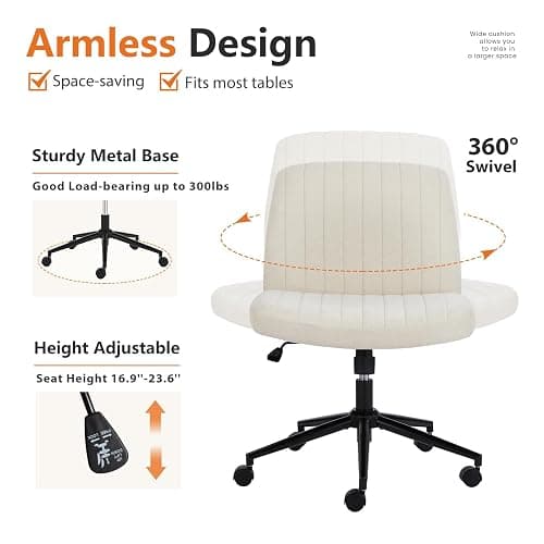Sweetcrispy Criss Cross Chair Legged, Armless Office Desk Chair with Wheels, Swivel Vanity Height Adjustable Wide Seat Computer Task Seating - Beige thumbnail 4