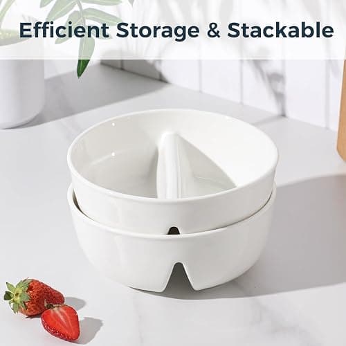 LUFILUFI Anti-Soggy Cereal Bowl Set of 2, 6.7 Inch Divided Ceramic Bowls for Cereal and Milk, Chip and Dip Bowl, Soup and Sandwich Plate Combo, Stackable Snack Serving Bowl for Kids Adults, White thumbnail 7