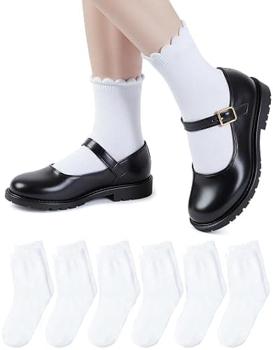 HONGTEYA 6 Pairs Girls White Ruffle Socks School Uniform Dress Socks for Kids Seamless Crew Ankle Cotton Size 2-14 Years - Image 1