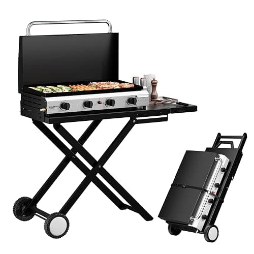 ROVSUN 4 Burner Foldable Propane Griddle with Wheels, Enameled Tray & Lid, 40000 BTU Portable Rolling Flat Top Gas Grill with Electronic Ignition & Regulator for Outdoor Cooking Camping BBQ Tailgating - Image 1