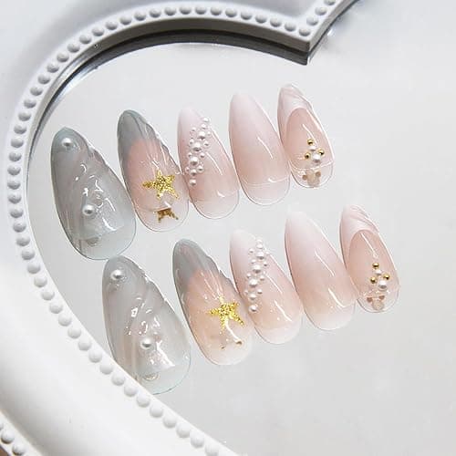 ZRETHFB 24Pcs Summer Press-on Nails Medium Almond Gel False Nails with 3D Pearl Seashell Designs Gold Star French Tip Stick-on Nails for Women thumbnail 4