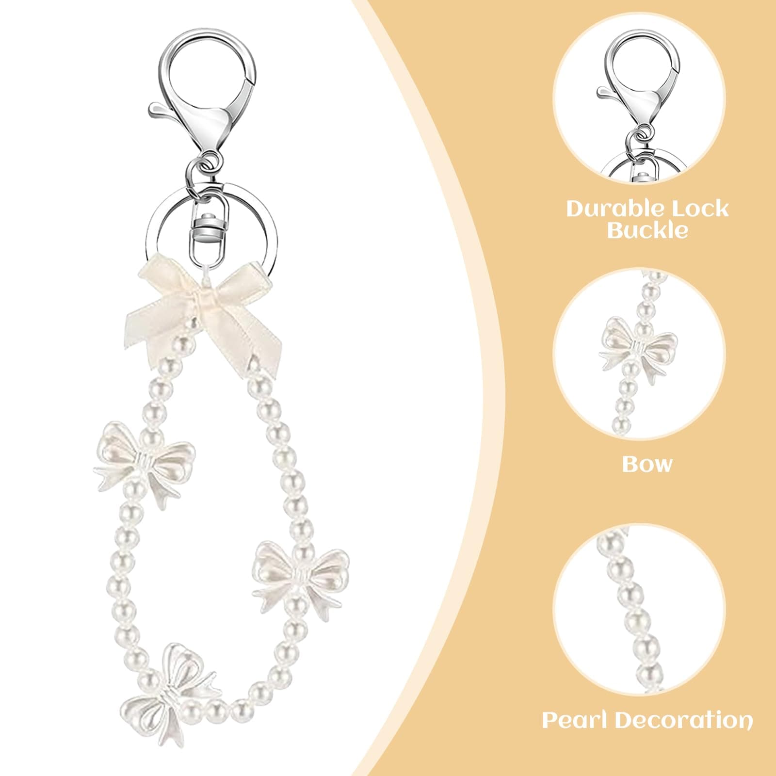 Lilbitty -Pack of 2 Cute Bow Pearl Keychains for Women, Fashion Key Ring for Bag and Car, Gold Charms Pendant thumbnail 3