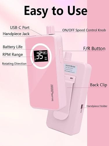 Nail Drill 50000 RPM, Electric Nail File E-File Machine with 12 Drill Bits | Rechargeable Portable Nail Drill for Acrylic Gel Nails, LCD Display, Low Noise, Home Salon Manicure Polishing Kit, Pink thumbnail 4