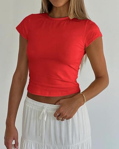 Mousnipy Women's Basic Summer Short Sleeve Crewneck T-Shirts Y2K Cute Going Out Tops Baby Tee - Small - Red thumbnail 4
