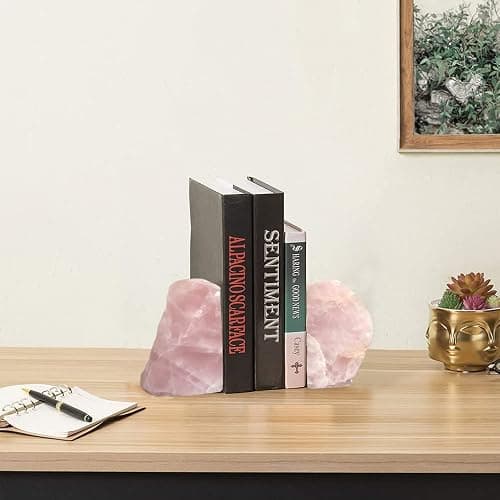 MOGEMT Rose Quartz Bookends Pink Crystal Decorative Book Ends Office Home Decor Small 1 Pair 2-3 Lbs thumbnail 2