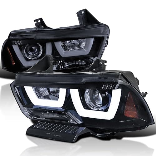SPEC-D TUNING Dual Halo LED Glossy Black Smoke Projector Headlights Compatible with 2011-2014 Dodge Charger, Left + Right Pair Headlamps Assembly - Image 1