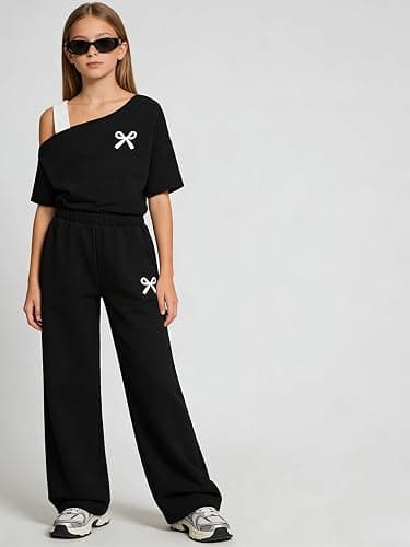 Kxuryueo Teen Girls Clothes Off the Shoulder Top and Wide Leg Pants Matching Outfit Set with Pockets Size 7-16 thumbnail 2