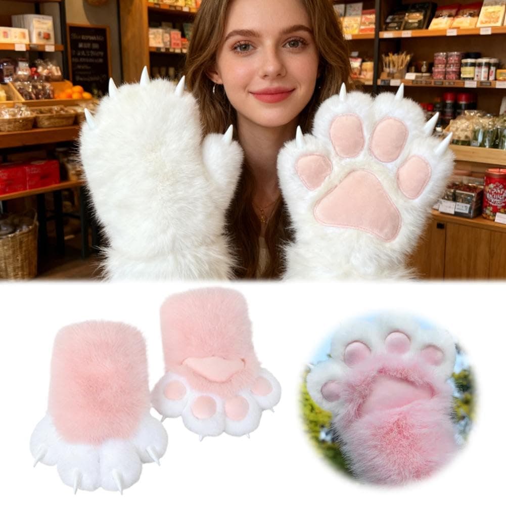 1 Pair Cosplay Faux Furs Plush Cat Paw Gloves Furry Paws Costume Outfit Accessories, Cute Fursuit Paws Cosplay Cat Wolf for Party Fancy Dress Costume thumbnail 3