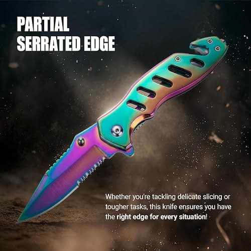 Legal Rainbow Pocket Knife with Glass Breaker Seatbelt Cutter - 2.68 Inch Sharp Serrated Blade - Cute Small Folding Womens Knives for Self Defense EDC Camping - Food Processing Mincing Knives 6655 R thumbnail 8