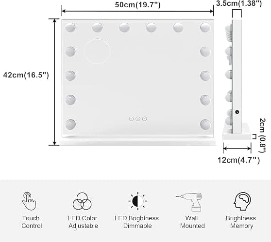 Dripex Hollywood Schminktischspiegel, Schminkspiegel mit 14 Lampen und 3 Farbtemperatur Licht, Hollywood Spiegel mit Beleuchtung, Kosmetikspiegel mit Touch Steuerung, 50 x 42 cm Weiß thumbnail 3