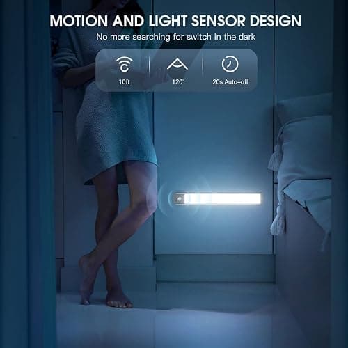 MCGOR 10inch Under Cabinet Lighting, 2 Pack Rechargeable Motion Sensor Light Indoor, 5 Levels Dimmable Magnetic Closet Lights, Wireless Under Counter Lights for Kitchen, Stairs thumbnail 4