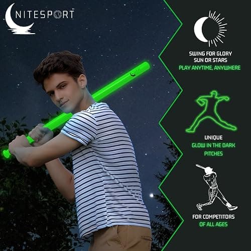 NiteSport Glow in The Dark Plastic Baseball Bat w/ 3 Glow in The Dark Plastic Baseballs Bundle UV Flashlight Included (Electric Lime) thumbnail 5