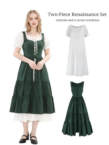 Nuoqi Renaissance Costume Women Medieval Peasant Dress Short Sleeve Chemise with Corset Overdress thumbnail 2