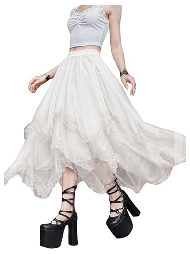 SHENHE Women's Lace Trim Layered Mesh Tulle Skirt High Waist Asymmetrical Long Goth Skirt thumbnail 4