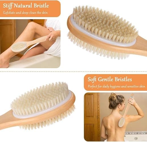 URAQT Brushing Body Brush Set, Natural Bristle Shower Brush et Long Handle Double-sided Brush，Dry Brushing Back Scrubber for Exfoliating, Massage, Improve Blood Circulation Cellulite thumbnail 3