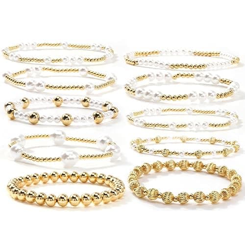 SHINUS BOHO Dainty Cross Clover Gold Beaded Pearl Bracelet Stack for Women,Handmade Boho Gold Plated Beads Stretch Stackable Bracelets Fashion Birthday Prom Jewelry Accessories Gift Friendship - Image 1