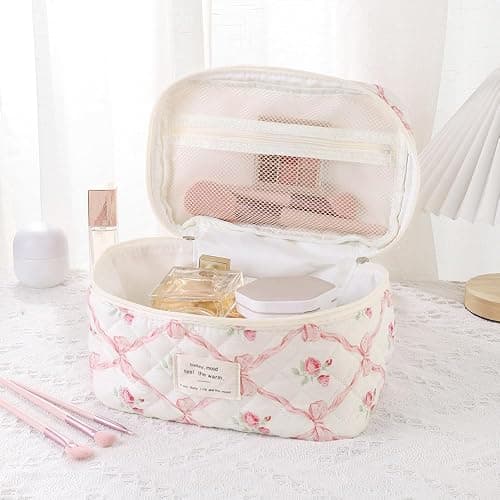 uekeboag Large Travel Quilted Makeup Bag for Women, Floral Cotton Cosmetic Bag, Coquette Aesthetic Floral Toiletry Organizer Bag thumbnail 4