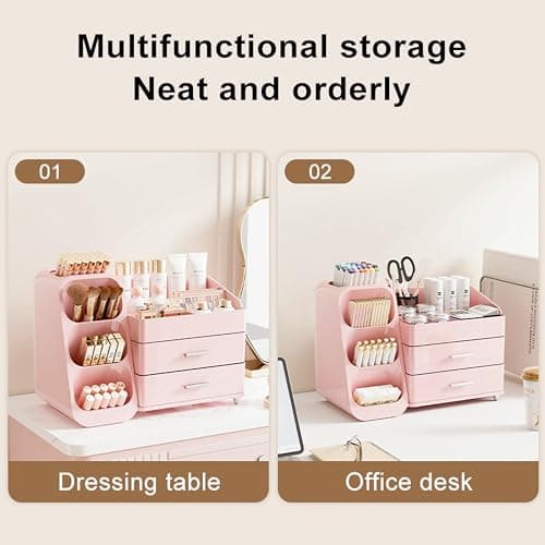KQJS Makeup Organizer with Drawers,Large Capacity Countertop Organizer for Vanity,Bathroom and Bedroom Desk Cosmetics Organizer,Easy To Storage Skincare,Brushes,Lotions,Lipstick (All Pink) thumbnail 8