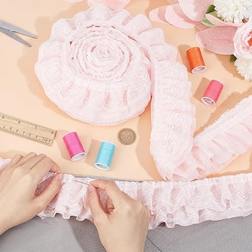 BENECREAT 2.5 Yards 3-Layer Ruffle Lace Pleated Trim, 3-5/8 inch Wide Chiffon Flower Trim Gathered Ribbon for Wedding Applique Clothing Sewing Craft DIY Decor, Pink thumbnail 3