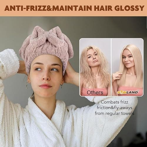 SUNLAND Large Microfiber Hair Drying Caps with Bow knot Fast Drying Shower Cap Soft and Absorbent hairWrap Hair Turban Bath Caps for Curly Thick and wet Hair 11 X 13.4 inch 2 Pack Brown thumbnail 3