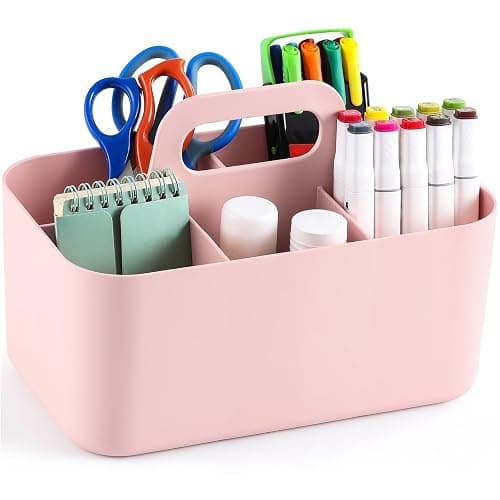 Multiuse Caddy Organizer with Handle, Portable Divided Plastic Tote Bin - Art Craft, Stationary Pen Marker Crayons, Makeup Hair Supplies Storage - Bathroom, Classroom, Dorm, Office, Desk Holder - Pink thumbnail 9