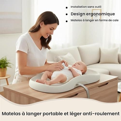 UBRAVOO Matelas à langer avec harnais de sécurité et étagère à jouets, matelas à langer anti-roulement, facile à nettoyer, imperméable et avec bords rembourrés surélevés (Beige, Style Classique) thumbnail 7