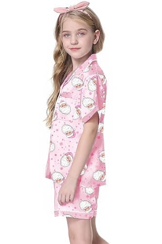Schbbbta Girls Womens Pajamas, Satin Silky Pjs Set Kids 2Pcs Button-Down Nightwear Sleepwear Gift for Mommy and me thumbnail 3