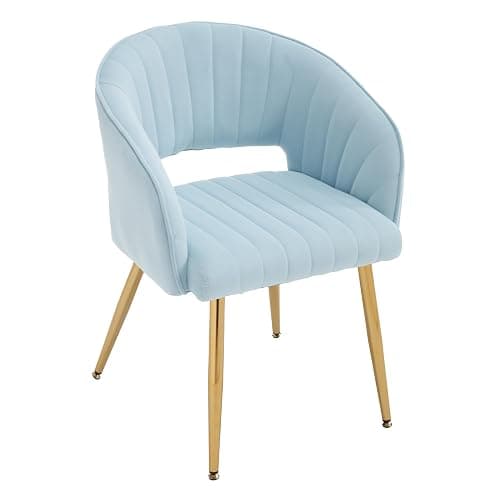 Homedraft Velvet Vanity Chair, Modern Home Office Desk Chair with Hollow Back, Upholstered Dining Chair with Gold Metal Legs, Comfy Accent Chair for Living Room Bedroom, Light Blue - Image 1